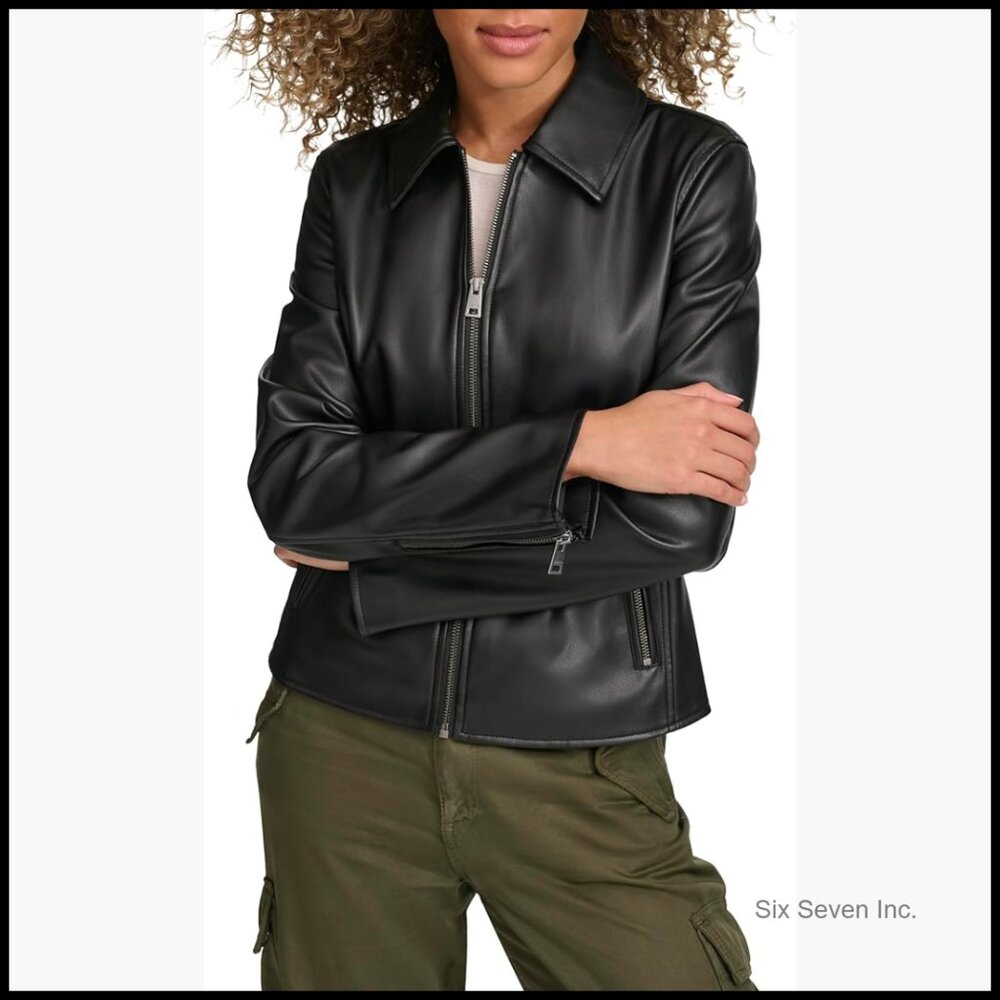 Faux Leather Racer Jacket With Laydown Collar Water Resistant